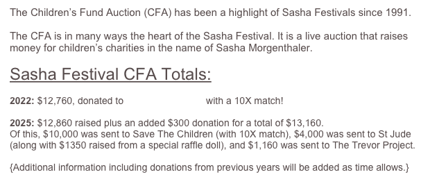 The Children’s Fund Auction (CFA) has been a highlight of Sasha Festivals since 1991.

The CFA is in many ways the heart of the Sasha Festival. It is a live auction that raises money for children’s charities in the name of Sasha Morgenthaler.

Sasha Festival CFA Totals:

2022: $12,760, donated to Save the Children with a 10X match!

2025: $12,860 raised plus an added $300 donation for a total of $13,160.
Of this, $10,000 was sent to Save The Children (with 10X match), $4,000 was sent to St Jude (along with $1350 raised from a special raffle doll), and $1,160 was sent to The Trevor Project.

{Additional information including donations from previous years will be added as time allows.}